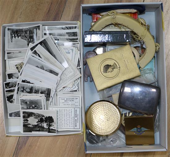 A collection of rulers, playing cards, silver vinaigrette case etc.